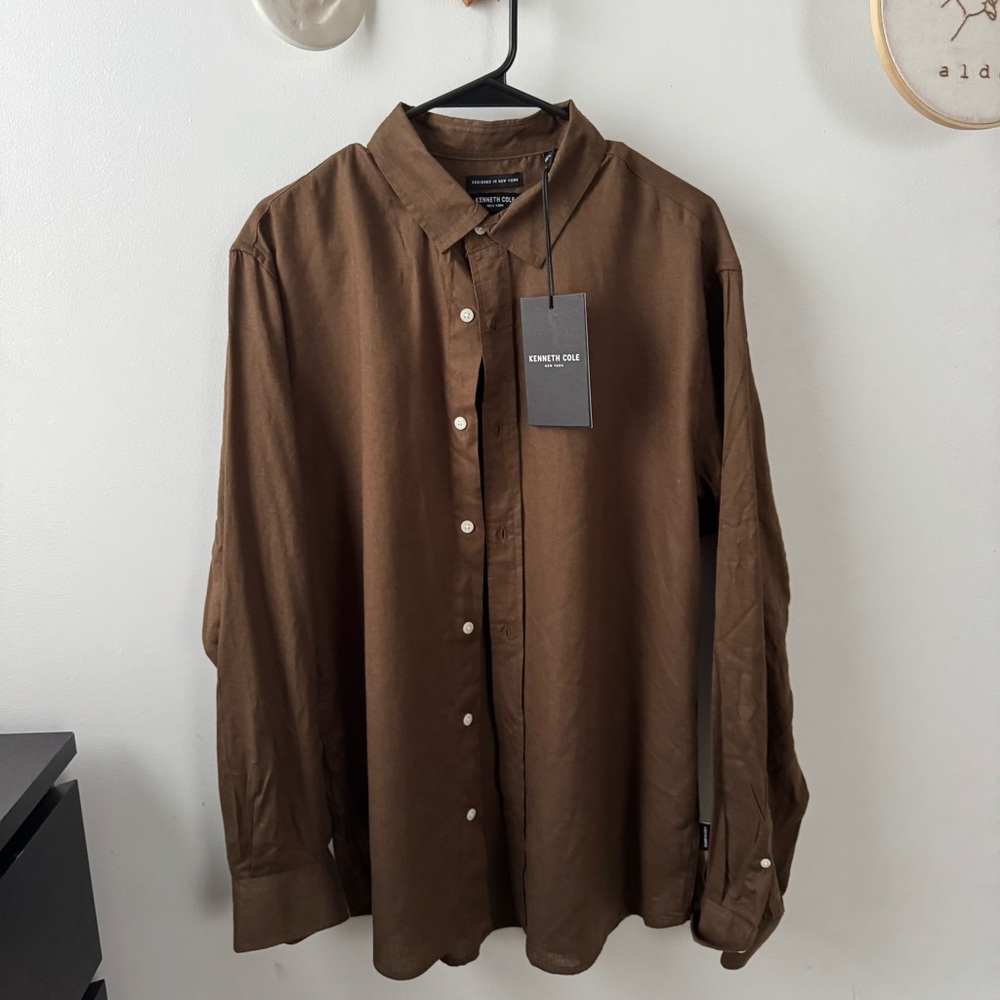 NWT-Kenneth Cole linen blend taupe button down dress shirt L slim fit